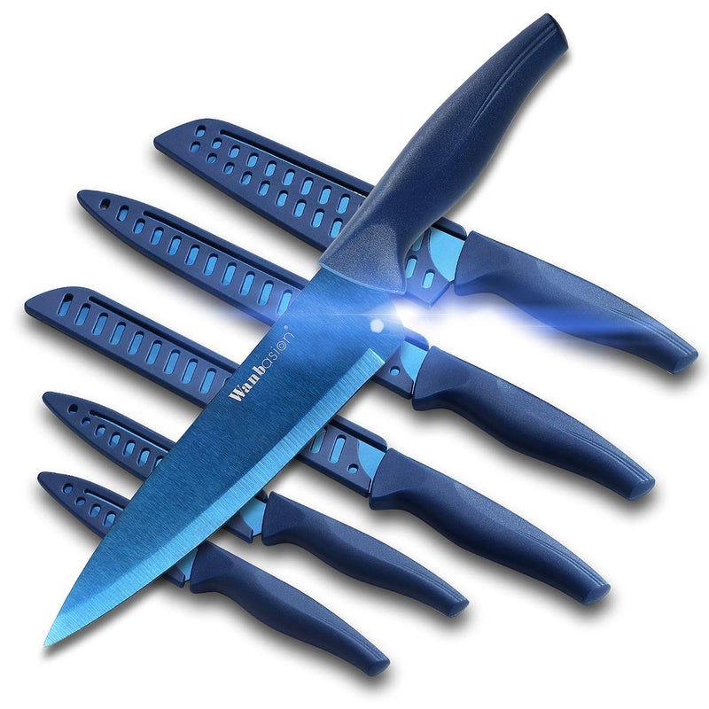 Wanbasion Blue Professional Kitchen Knife Chef Set, Stainless Steel, Dishwasher Safe with Sheathes - Image 1